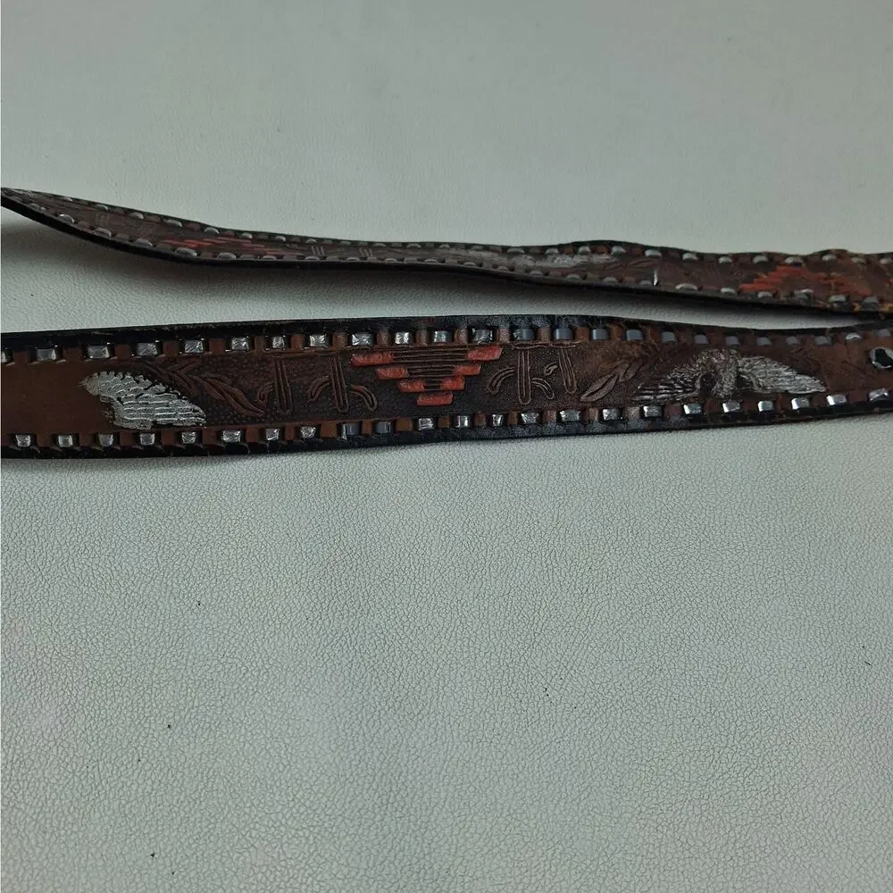 Vtg Cinturones Ada Mexico Hand Tooled Leather Belt Size 36 Eagle Western Worn